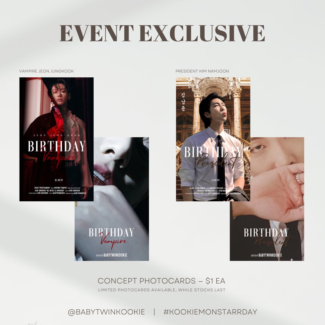 Ontaechan's tweet photo. ππππππππ πππππππ β¨
Exclusively designed concept photocards will be up for sale at #KookieMonstarrDay at @klandcafe β Birthday Vampire π§ / Birthday President π¨ββοΈ
While stocks last!
#namkook #happynamkookday #btssg #sgcafeevent #cafeevent #singapore https://t.co/BchnGspxel