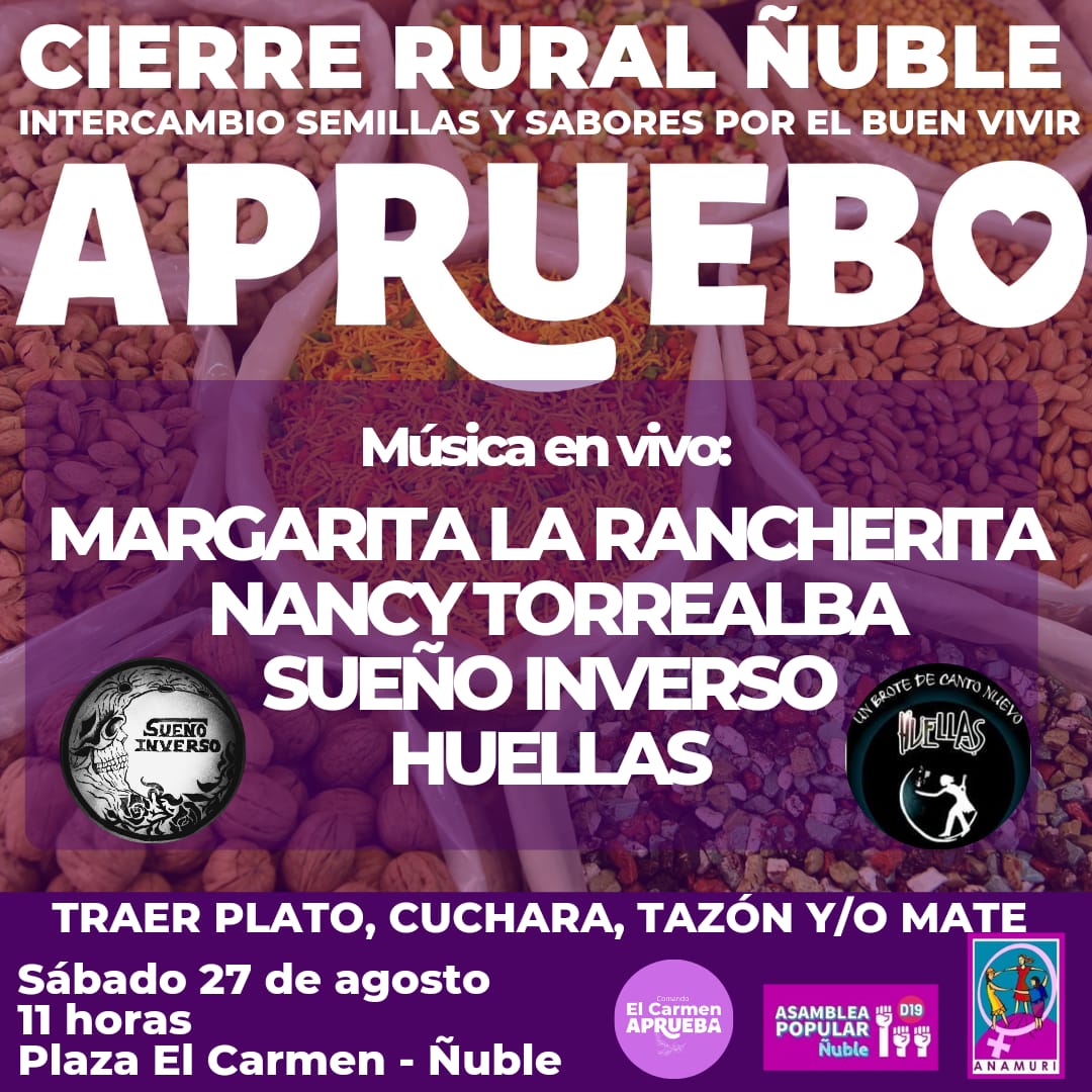AguaEnMarcha's tweet photo. Cierre Rural Ñuble...Intercambio de semillas y sabores en la Plaza El Carmen desde las 11 horas del sábado 27. https://t.co/57WCNSax52