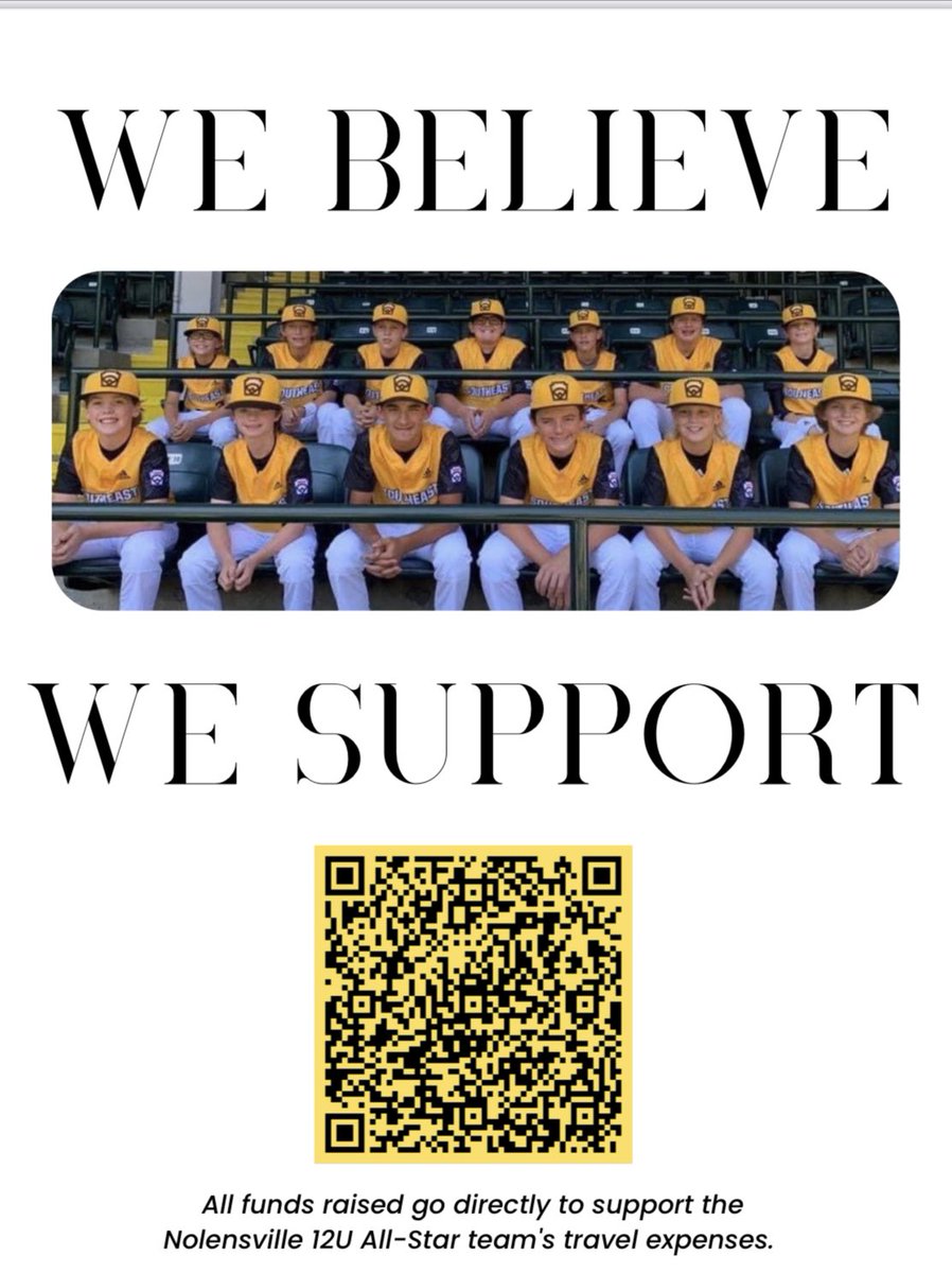 NolensvilleLLB's tweet photo. If you have donated, thank you!  If not, please consider a small donation to help with the team’s family travel costs using the attached QR code. If you are a business please consider posting this flyer in your store or restaurant. Thank you!
🖤💛🖤💛
#webelieve #wesupport https://t.co/K6qqhAsxVg