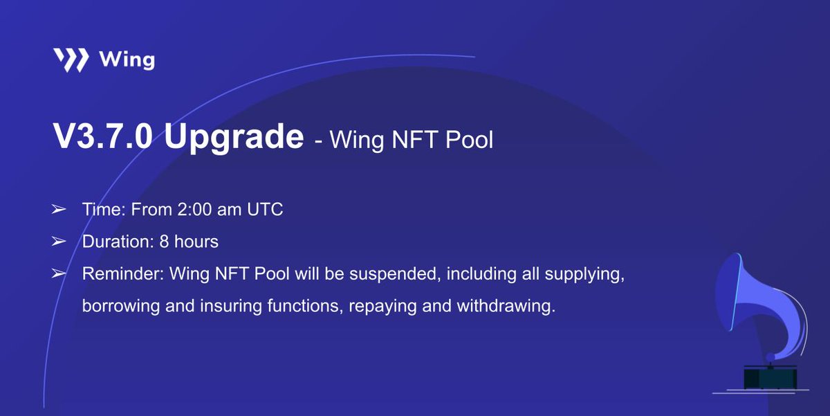 Wing_Finance's tweet image. 🚨UPGRADE ANNOUNCEMENT 

#Wing #NFTPool is undergoing an upgrade from 2:00 am (UTC) on 26th August for new features of #NFT Down Payment. 🙌
  
Users will be informed when the upgrade is complete.

#DeFi $WING #Blockchain #cryptopunks #MAYC #BAYC #Meebits #Azuki #CloneX