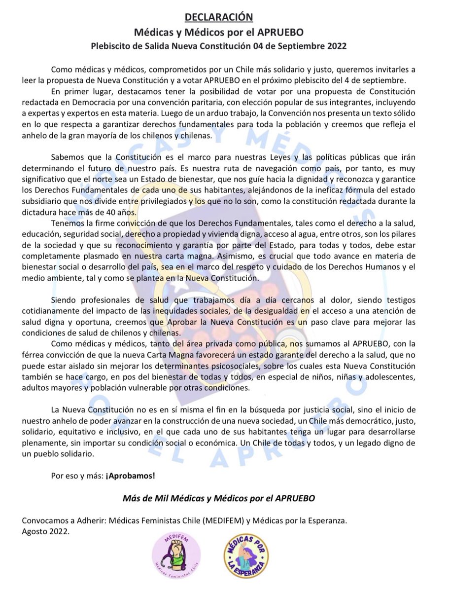 MedicasChile's tweet photo. Para poder avanzar en la construcción de un Chile más democrático, justo, solidario, equitativo e inclusivo, con esta declaración mas de mil medicos y medicas llamamos a votar APRUEBO para la Nueva Constitución 

#SaludPorElApruebo #SomosMasDeMil 
@MedicasChile @MEDIFEM_Chile https://t.co/xiJkObT9mq