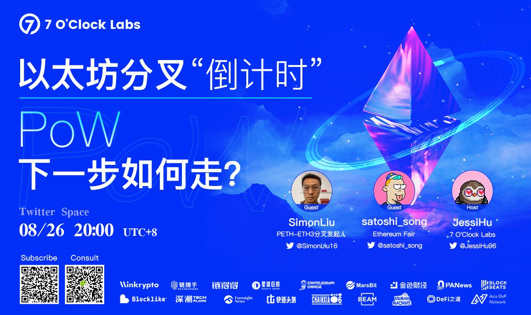 7OC_Labs's tweet photo. #7 O'Clock Labs Space📢
「以太坊分叉“倒计时”，#PoW下一步如何走？」
时间：8/26 20:00 UTC+8🗓️
嘉宾： @satoshi_song ；@SimonLiu16 
直播入口：https://t.co/vu9Ub0UBHp
#Ethereum #Merge https://t.co/N6xiCEYsrf