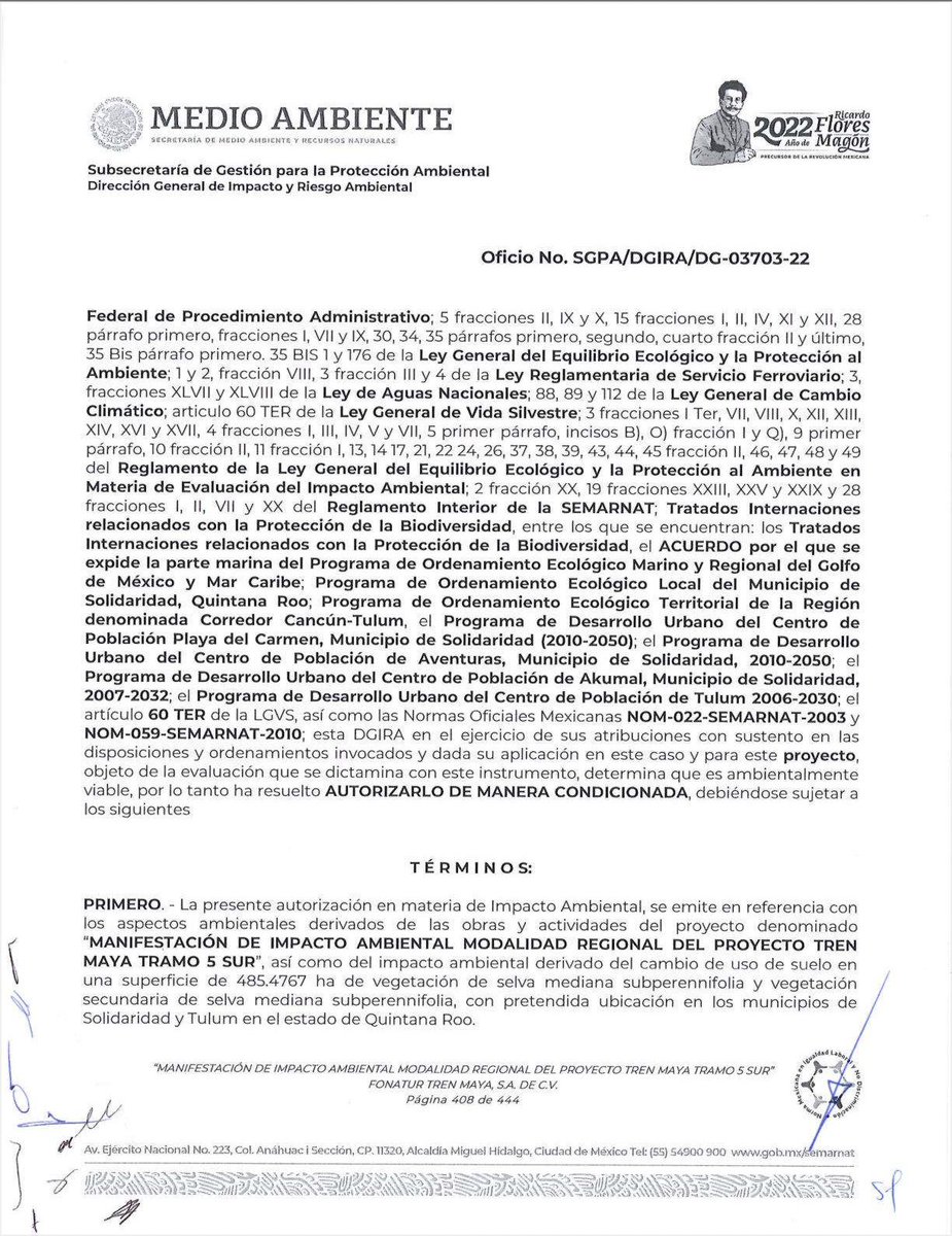 ernesto_mendez's tweet photo. #ÚltimaHora 
Obligada por @INAImexico, por fin @SEMARNAT_mx hizo hoy pública la "autorización condicionada" fast track de Manifestación de Impacto Ambiental del Tramo 5 Sur del #TrenMaya aprobada desde el 20 de junio, y que había clasificado como "seguridad nacional"
@SelvameMX https://t.co/tdsEeP0Aoe
