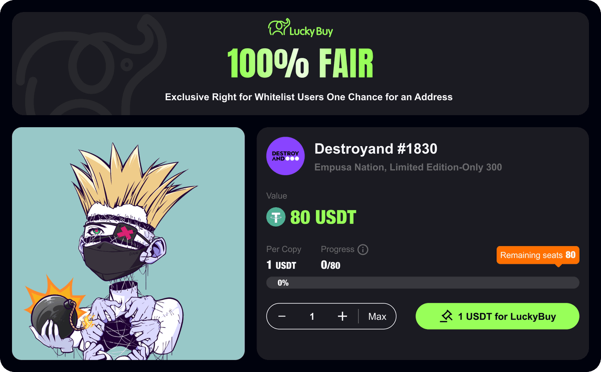 destroyand_'s tweet photo. 🎁Destroyand x @LuckyBuy_io 🎁

 💐1 U to win Destroyand #1830 worth 80 usdt💐

️❤️1 code = $1 U, Prize go into effect when reach to 80 codes❤️

 ✨Good Luck 

Raffle Link: https://t.co/RVsAcozlUG https://t.co/W3857mAZ6G