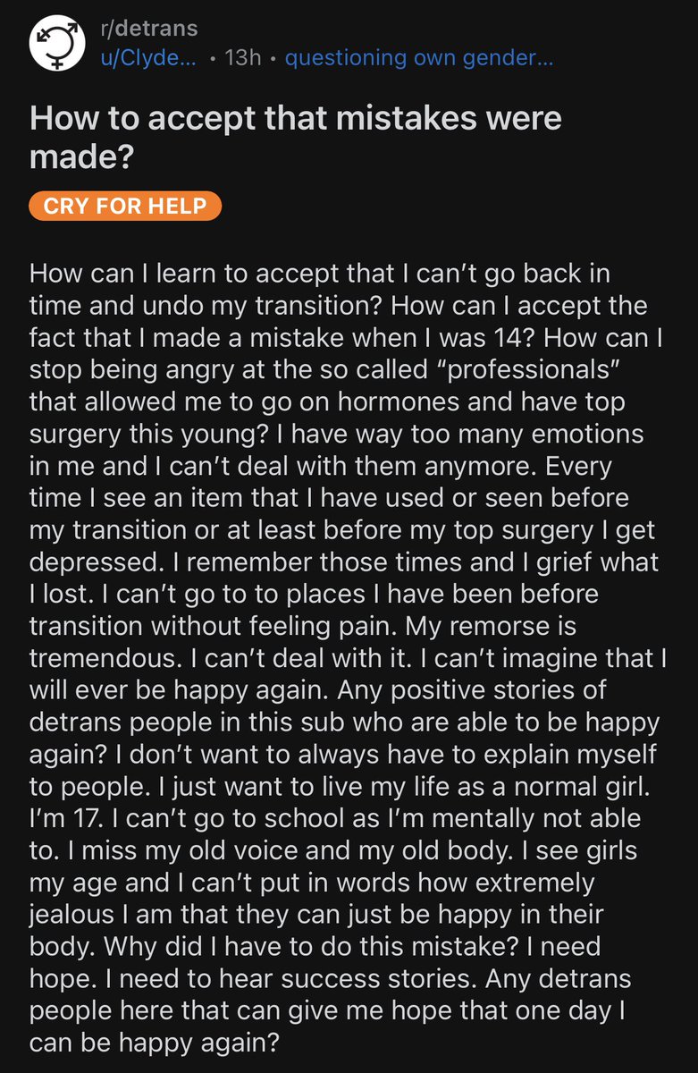 againstgrmrs's tweet photo. 17 year old detransitioned girl who started transitioning at 14 and had a double mastectomy. Now she lives with immense regret, and doubts she can ever be happy 💔

She is only a child, and her entire life is destroyed because of the evils of woke ideology and the gender cult. https://t.co/vkDsZZZ0ju