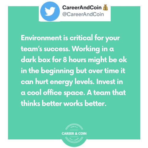 CareerAndCoin's tweet photo. 🎯 You can help boost your team’s productivity by changing up the scenery.
…
@CareerAndCoin 
#cashflow
#millionairemindset 
#generationalwealth https://t.co/ihTpINL2dJ