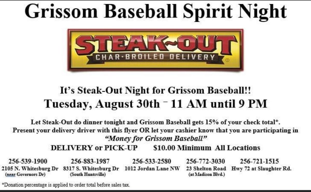 GrissomBSB's tweet photo. Let Steak Out do dinner for you on 8/30 and help out the Grissom Baseball program!!! remember to tell your cashier "Money for Grissom Baseball!"
#GoTigers #GHSbaseball #ONEtiger https://t.co/rO5nggjL7E