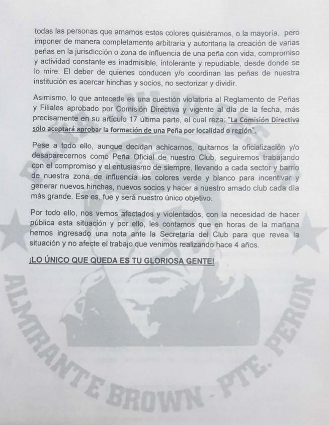 Compartimos el comunicado de la Peña Julio Cesar de Almirante Brown - Presidente Perón, relacionado al intento de la C.D del club de desmembrarlos para crear nuevas peñas en la zona con integrantes afines a la propia C.D, dejando de lado el buen trabajo que vienen realizando