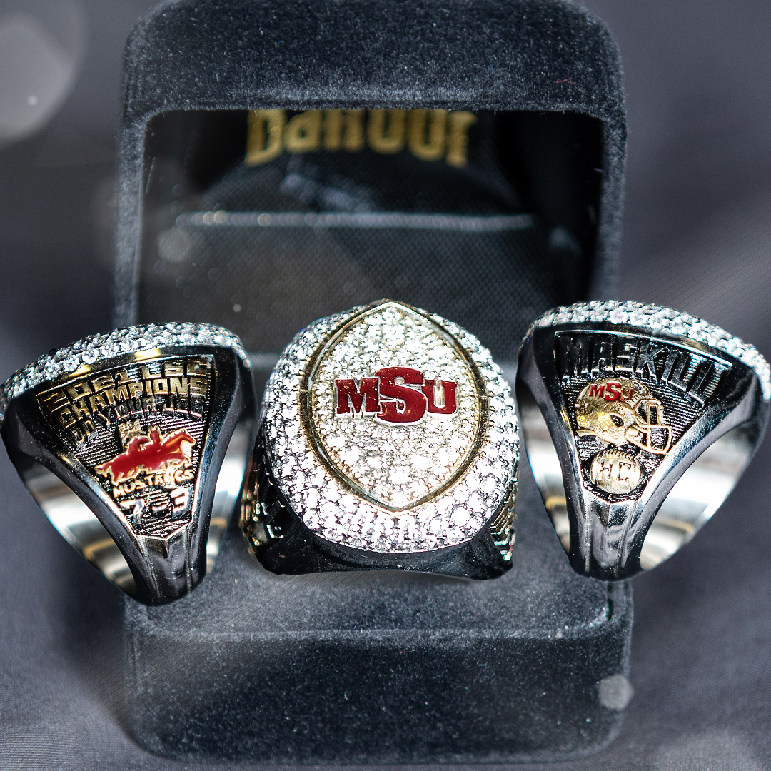 MSUMustangs's tweet photo. FOOTBALL | @MSUTexasFB presented the bling Thursday night, begin run for six Lone Star Conference title next week! #StangGang https://t.co/kVLCgqEHQw