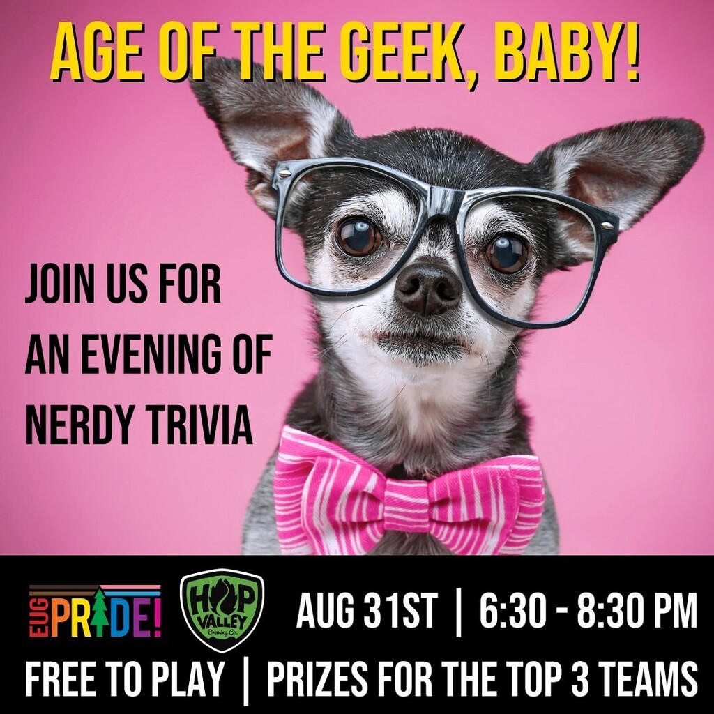 EugPride's tweet photo. We had a great time doing trivia at Hop Valley last night and are looking forward to another game next Wednesday! Get your team together for a night of nerdy trivia with categories about superheroes, comic books, science, and more. https://t.co/BGCmvFMeJB