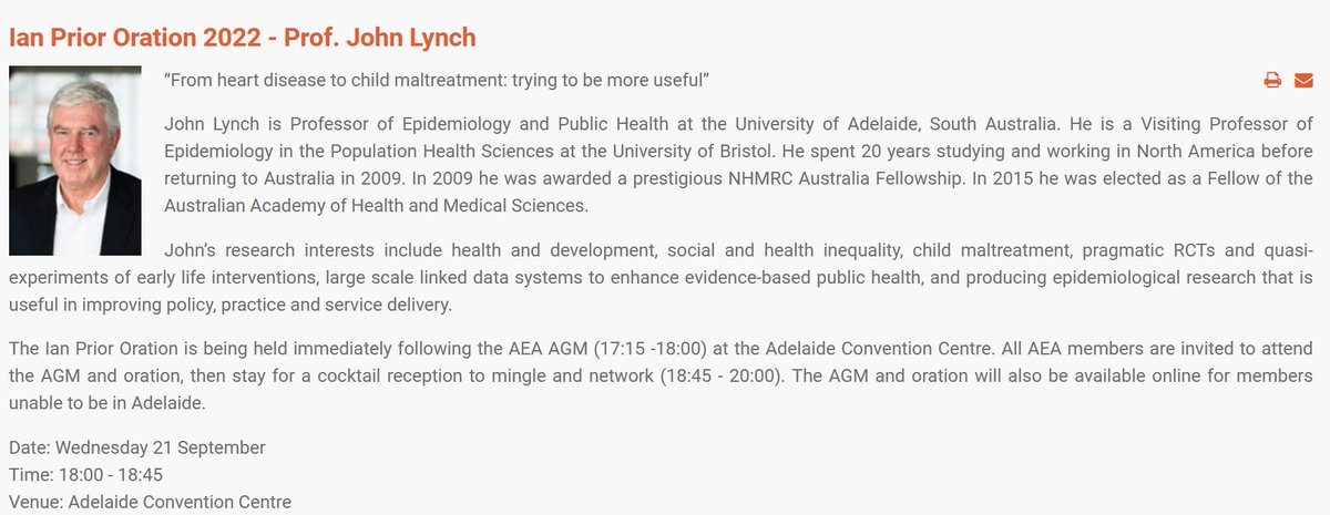 AustralasianEpi's tweet photo. South Australian members & #PopHealth2022 Congress attendees: don't forget to register for the Ian Prior Oration, delievered this yr by Prof John Lynch.
Pls register by COB Mon 29 August for catering purposes (cocktail reception).
https://t.co/CD8cAOp0pc https://t.co/Ii51JxQQ7L