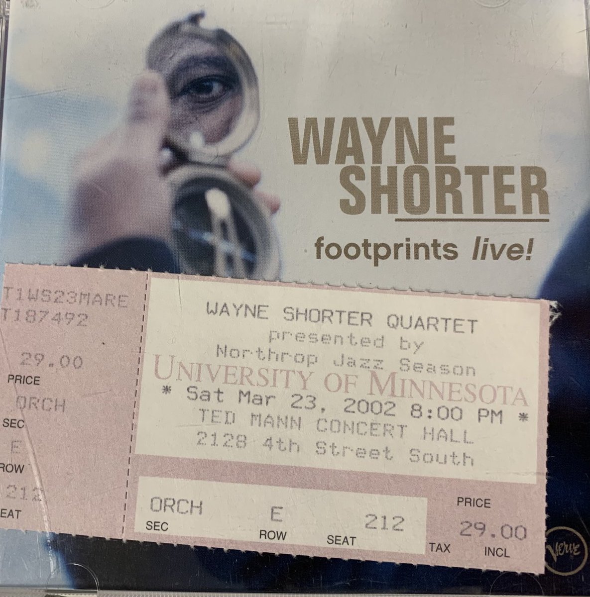 karlSDPB's tweet photo. As I celebrate Wayne Shorter’s 89th birthday this evening on Jazz Nightly, I remember a great night in 2002 hearing him with his quartet. Back when CD cases were a great place to save ticket stubs. https://t.co/Ylvl6qtAKX