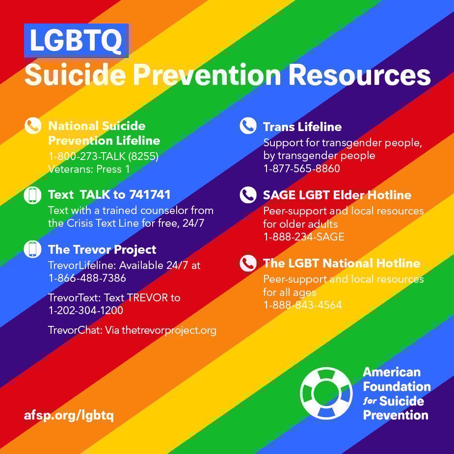 DrRonHolt's tweet photo. Please retweet this. You just may save a life.

Struggling with being #gay, #bisexual, and/or #trans? There is help: @TrevorProject  1-866-488-7386. You are not alone.

Check out these #LGBTQ+ suicide prevention resources. https://t.co/dwo6saPtjD