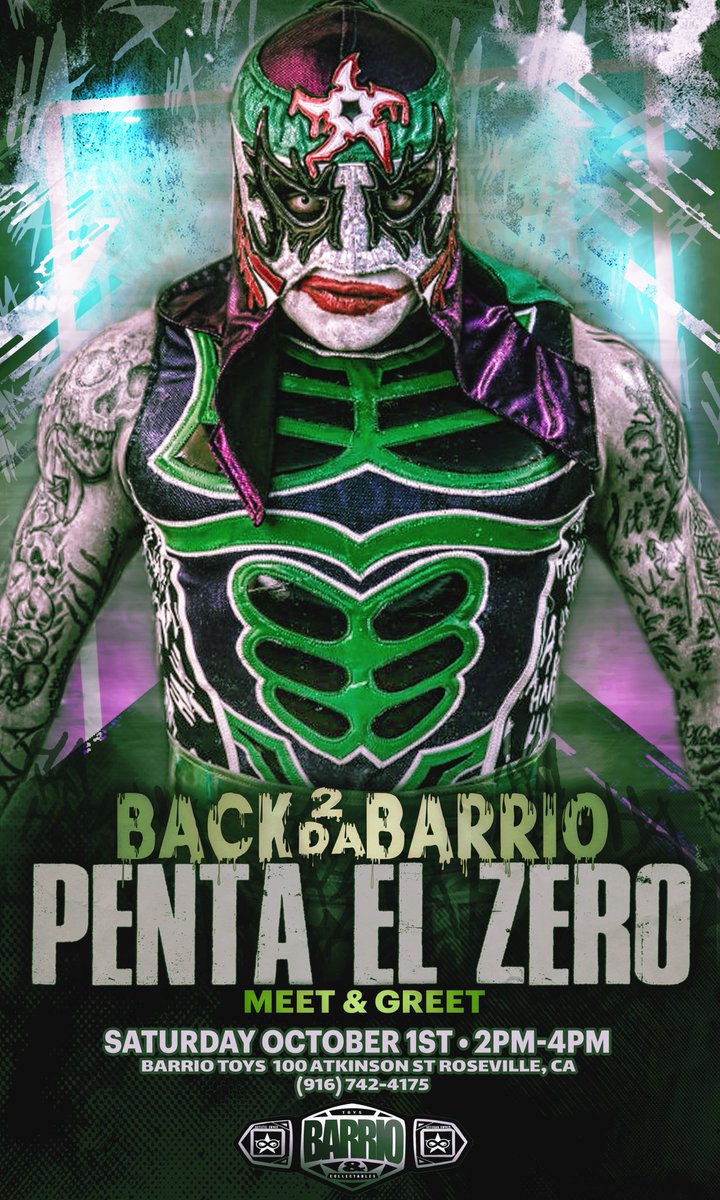 Please share! Guess who’s back! We are proud to announce that our good friend @PENTAELZEROM will make his return 2 Da Barrio, Saturday 10/01/22 from 2-4! Tickets go on sale 08/31/22 7pm. Tickets available VIP Autograph Photo op Combo #aew #penta0m #pentazeromiedo #luchabros