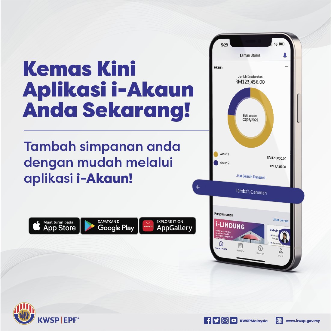 KWSPMalaysia's tweet photo. Menyimpan untuk persaraan kini lebih mudah! Sekarang anda boleh menambah simpanan KWSP melalui aplikasi i-Akaun.

Kemas kini aplikasi i-Akaun anda bagi memastikan semua fungsi terbaharu dapat digunakan!

#KWSP #iAkaun https://t.co/z7sKXGIDWw