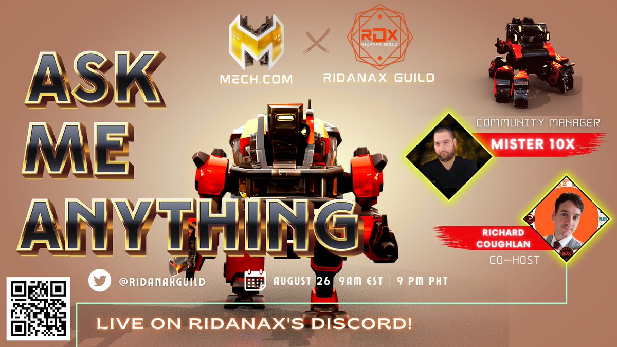 10XGamingGuild's tweet photo. 📣 DISCORD AMA 📣

RIDANAX GUILD ⚔️ https://t.co/v3DgjM0MAD

We hope you'll accompany us, Mister 10x and his co-host, Richard Coughlan, to another AMA event later, August 26, at 9PM PHT on the discord server of Ridanax Guild. 

🔗:  https://t.co/XchJGsLgBI

See ya, fellas! ❤️‍🔥 https://t.co/rktv8J2AxL