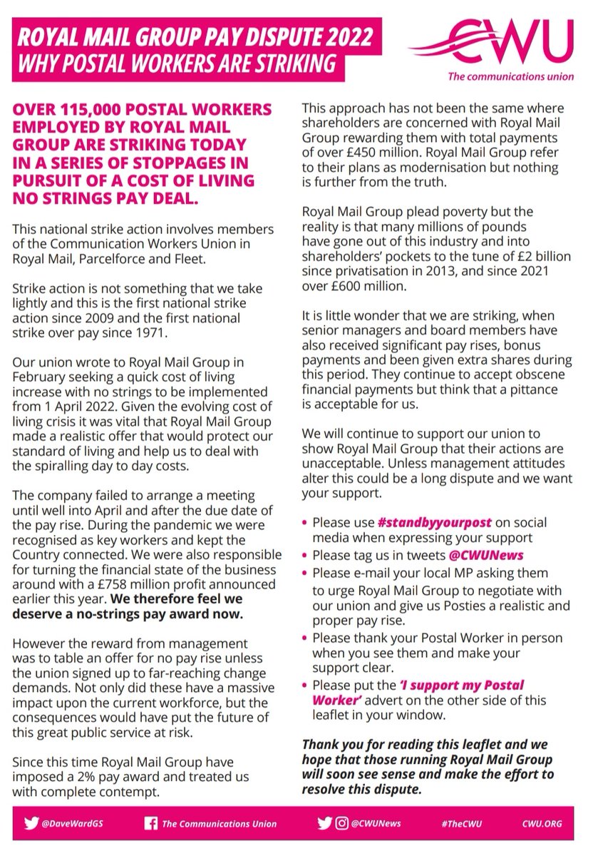 DaveKennedyCWU's tweet photo. Royal Mail Pay Dispute 2022 - Why Postal Workers are on Strike #standbyyourpost #TheCWU https://t.co/qfG9orRRKZ