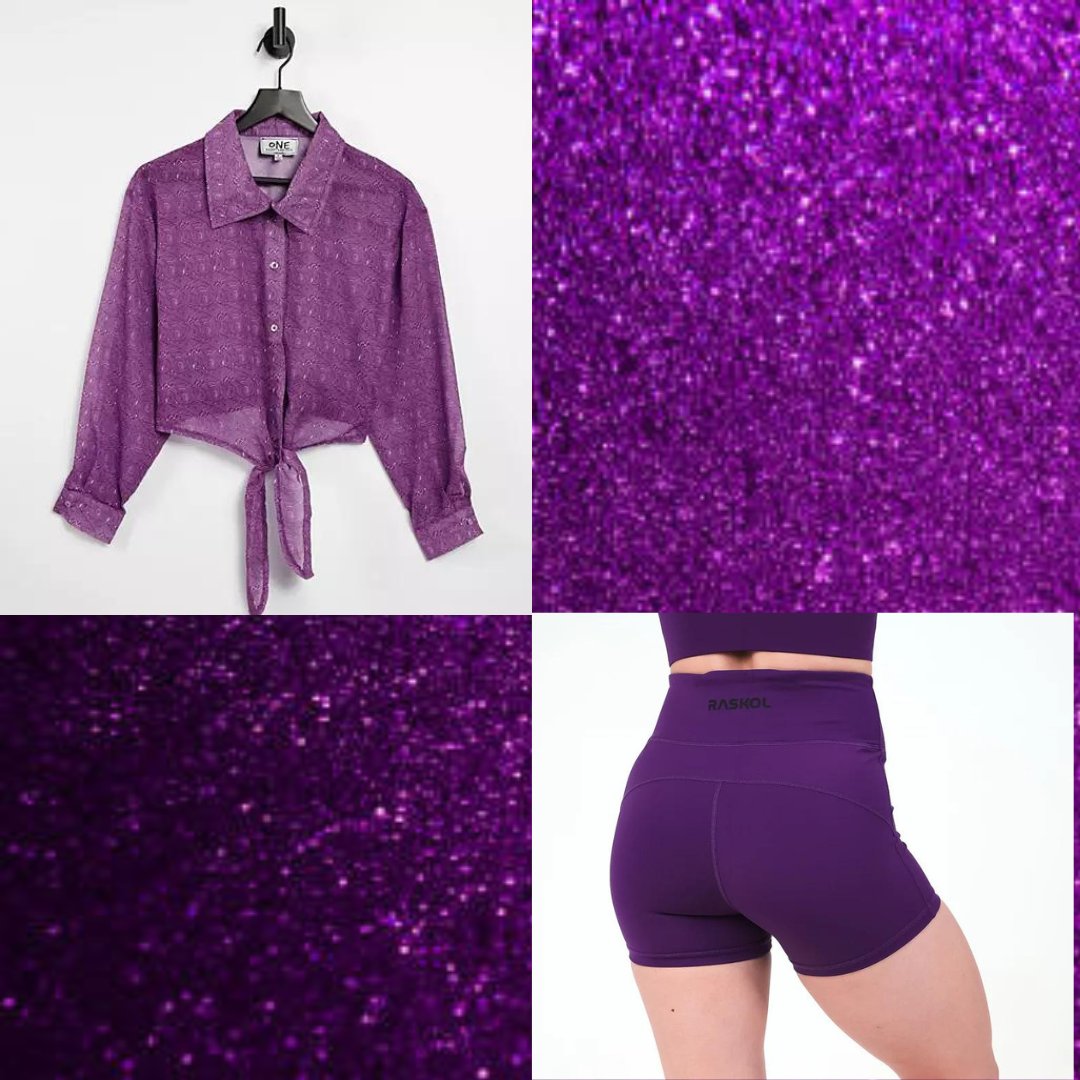 A cropped purple button-down tied in the front, purple booty shorts, and purple glitter