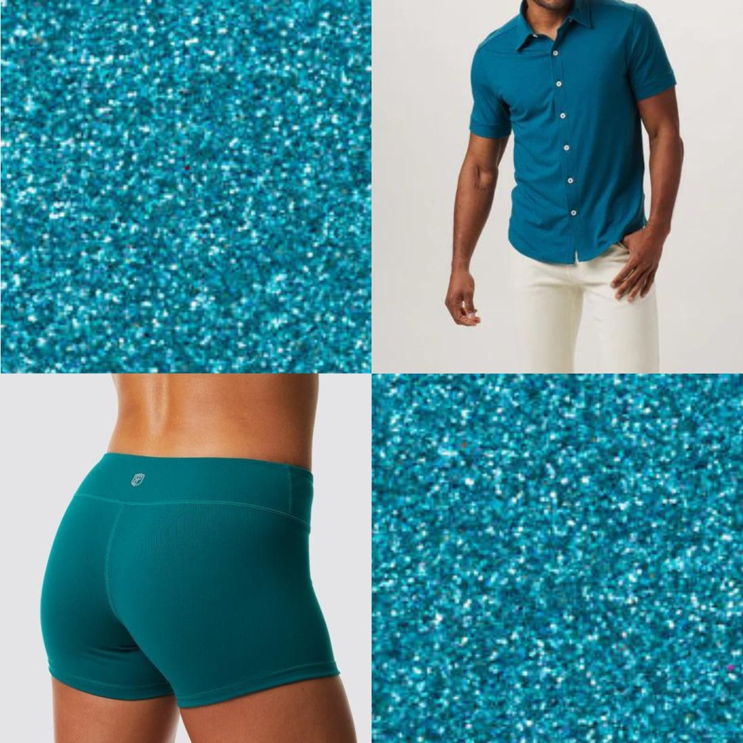 A teal button-down, teal booty shorts, and teal glitter