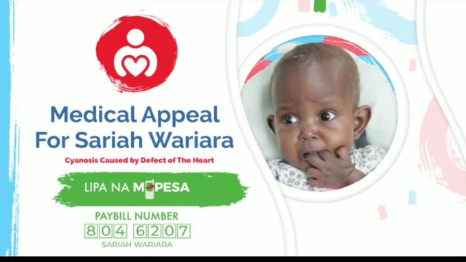 anandgupadhyay's tweet photo. SARIAH's MEDICAL APPEAL*

Baby Sariah Wariara, a 6-month old baby was born with Tetralogy of Fallot, a condition that HAS to be corrected by surgery.

Help save Baby Sariah.

Paybill number 8046207.
Sariah's Dad no is 0714393818

#BabySariahMedicalAppeal https://t.co/rrNhPl1943