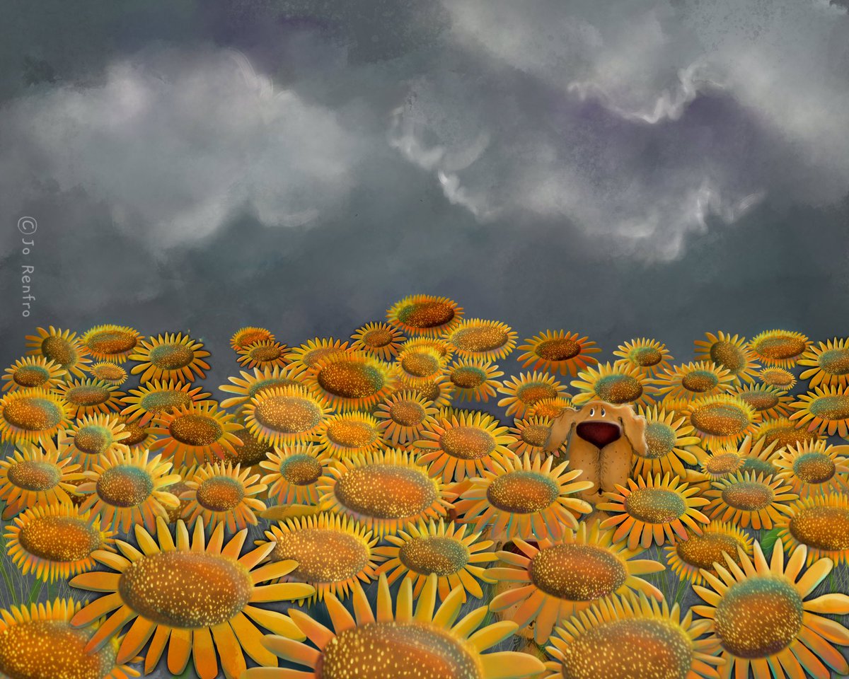Storm clouds over sunflowers and a worried pup. Gone all day tomorrow so an early post for #colour_collective Have a good weekend! #kidlitart #sunflowers #kidlitartist #scbwiartist