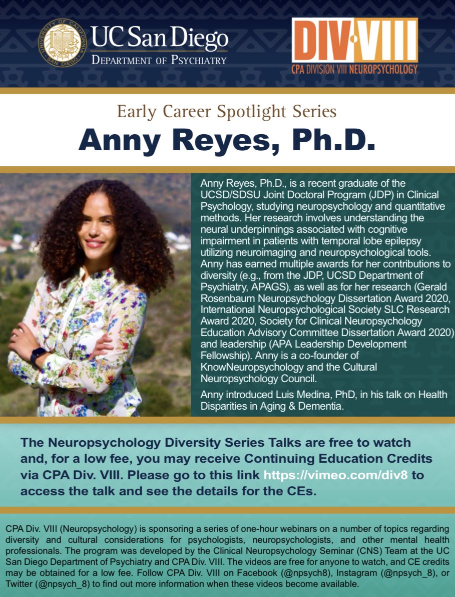 California Psych. Assoc. Div. 8: Neuropsychology (@npsych_8) on Twitter photo 📣 Excited to share our next Early Career Spotlight! Dr. <a href="/annyreyesNeuro/">Anny Reyes, PhD</a> was recently awarded the <a href="/NANneuropsych/">NAN Neuropsychology</a> Tony Wong #Diversity Award for her work in health equity and recently started her post-doc <a href="/PsychiatryUcsd/">UC San Diego Department of Psychiatry</a> . Follow Dr. Reyes & read more about her here! 📣 Excited to share our next Early Career Spotlight! Dr. <a href="/annyreyesNeuro/">Anny Reyes, PhD</a> was recently awarded the <a href="/NANneuropsych/">NAN Neuropsychology</a> Tony Wong #Diversity Award for her work in health equity and recently started her post-doc <a href="/PsychiatryUcsd/">UC San Diego Department of Psychiatry</a> . Follow Dr. Reyes & read more about her here!