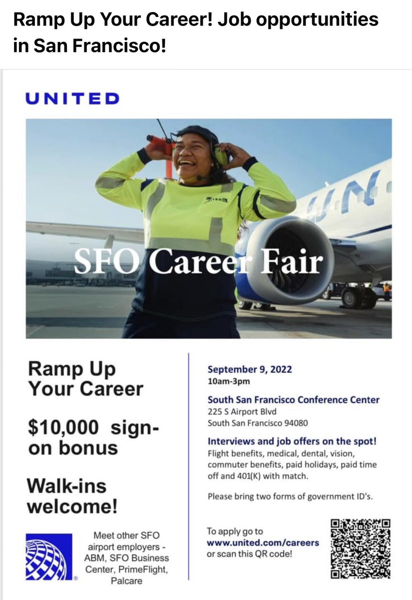Ramp up @weareunited ✈️ your career 💙! Great Job opportunities at San Francisco Airport. join us September 9th, 2022 10:00 am -3:00 pm. Looking forward to see you! @weareunited @MonikaGablowski @Auggiie69 @jeff_riedel160 @annie54c @EastcoastVin @ClarissaAtUA