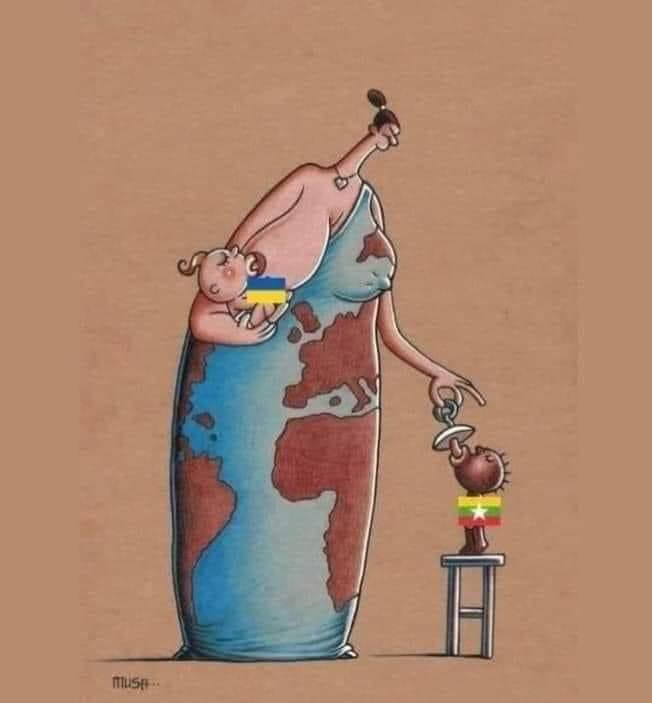 HlyanAung4's tweet photo. There are about 9 cartoonists
       The world is giving milk to Ukraine
      As for Myanmar, I don't want to cover the side of the milk and add the sweet twist. I respect the illustration, cartoonist...����❣️
 .
 Yan Shin
 @POTUS @ZinMarAungNUG https://t.co/4M04gchmYJ
