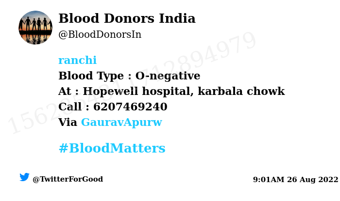 BloodDonorsIn's tweet photo. #SOS
#Ranchi
Need #Blood Type :  O-negative
Number of Units : 2
Primary Number : 6207469240
Patient : sumanti devi
Illness : kidney stone
Via: @GauravApurw
#BloodMatters
Powered by Twitter https://t.co/JhC0Ky8vvW