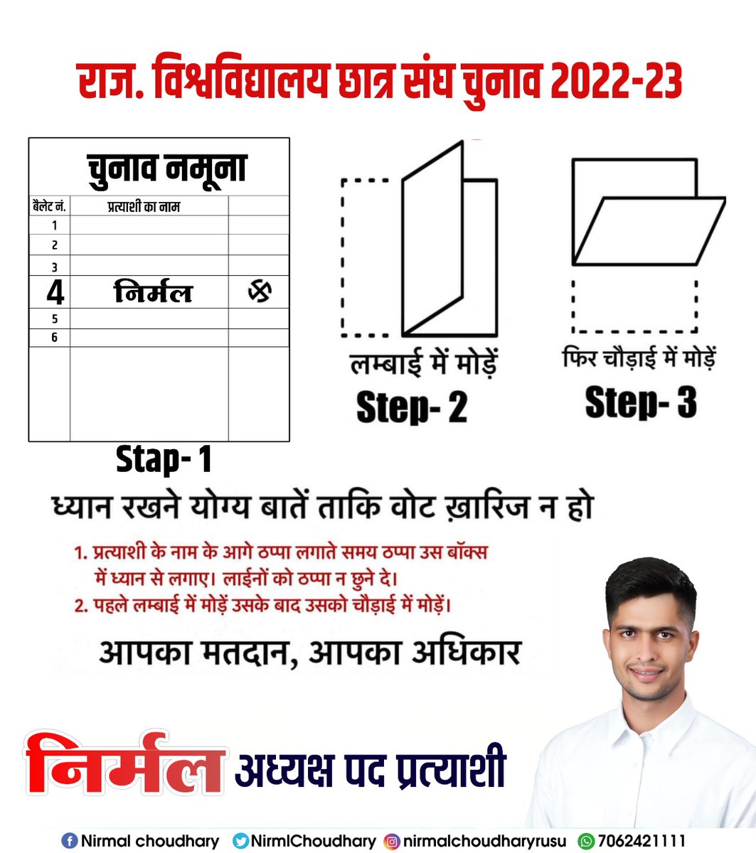 yuva_powers's tweet photo. मतदान करते समय इन बातों का ध्यान रखे। 

साथियों ज्यादा से ज्यादा मतदान बैलट नंबर 4 पर करवाएं।

निर्मल चौधरी
बैलट नं 4 (निर्मल)
अध्यक्ष पद प्रत्याशी
राजस्थान विश्वविद्यालय जयपुर।
#NirmalChoudharyRU #Nirmal

@nirmlchoudhary https://t.co/8Sju03ldid