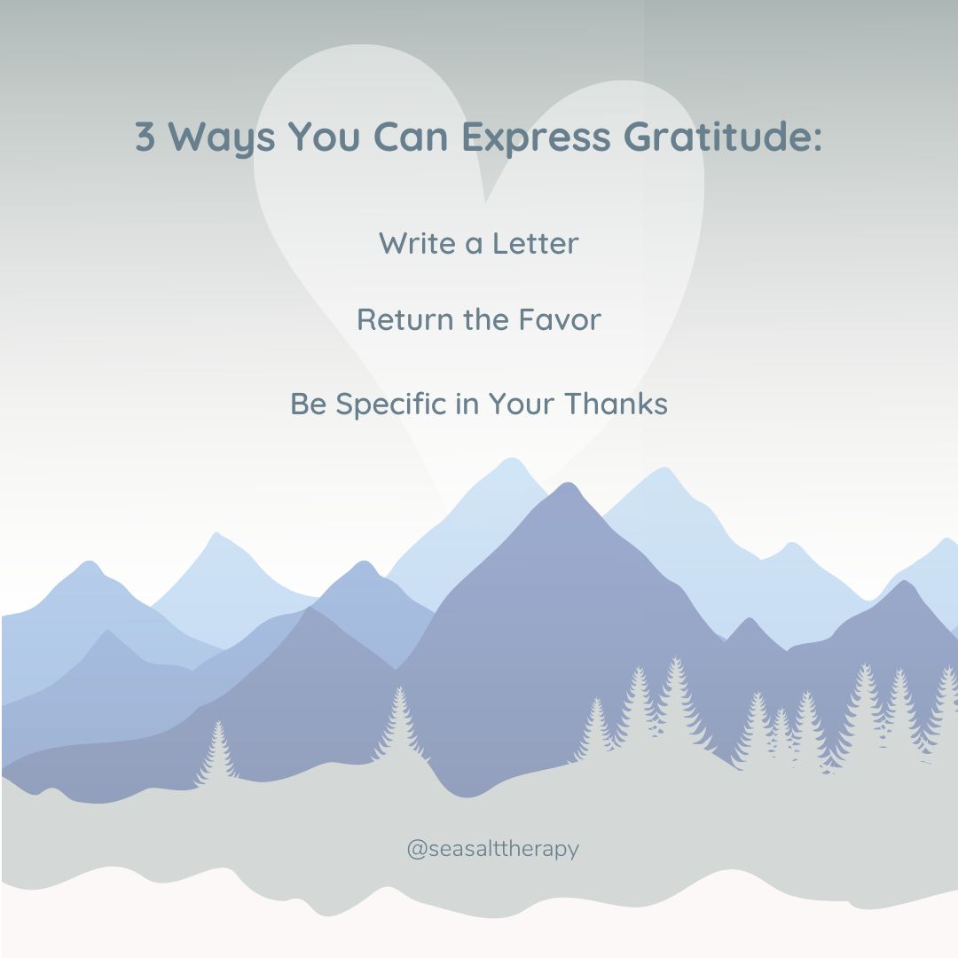 SeaSaltTherapy's tweet photo. 3 Ways to Show Gratitude!

If you would like to show a friend or loved one how much you appreciate them here are 3 ways you can try!

🙏 Write a Letter 🙏 Return the Favor 🙏 Be Specific https://t.co/wZAY7ZZFMu
