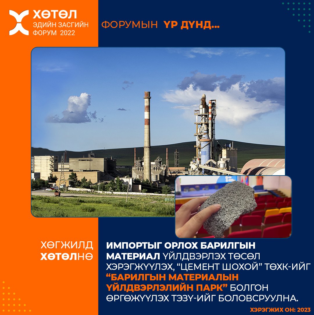 khutulcement's tweet photo. ИМПОРТЫГ ОРЛОХ БАРИЛГЫН МАТЕРИАЛ ҮЙЛДВЭРЛЭХ ТӨСӨЛ ХЭРЭГЖҮҮЛЭХ, “ЦЕМЕНТ ШОХОЙ” ТӨХК-ИЙГ “БАРИЛГЫН МАТЕРИАЛЫН ҮЙЛДВЭРЛЭЛИЙН ПАРК” БОЛГОН ӨРГӨЖҮҮЛЭХ ТЭЗҮ БОЛОВСРУУЛНА. https://t.co/c2vHGp4GYo