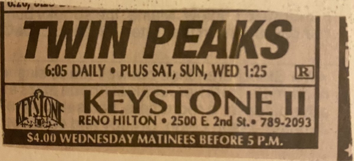 SI78TP's tweet photo. @samhowzit Don’t know if you want any more, but the first image is from 8/28/92 from the Reno Gazette Journal. The second is also from that paper, but unfortunately I don’t know the date. It was our “second run” theater at the time. https://t.co/X3YHbaaMk5