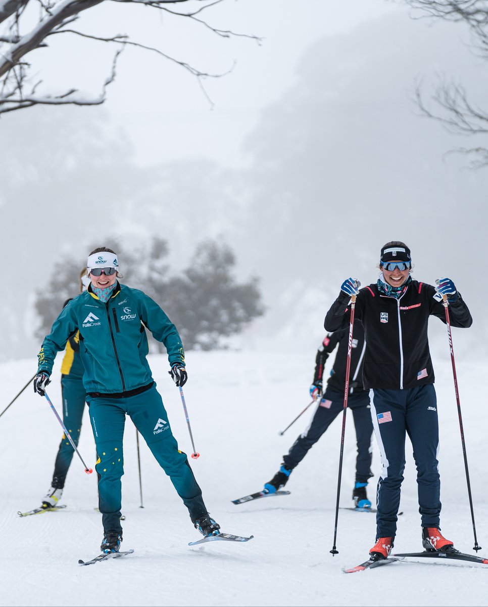 SnowAust's tweet photo. Will we see you at the iconic @kangaroohoppet tomorrow?
The event attracts the best Aussie &amp; international skiers just like US Olympic champion @jessdiggs &amp; teammate @juliakernski, pictured with @ausxc athletes Casey Wright &amp; @katpaul_ ➡️ https://t.co/pknevpqyK1

📸 @Falls_Creek https://t.co/1ACoMUBlsK