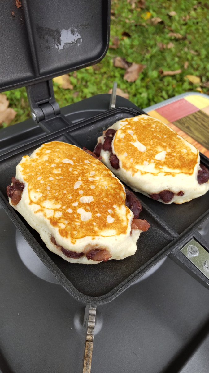 camp_with_son's tweet photo. キャンプで消費出来なかった
「ホットケーキde鯛焼き?!」
をしに近くのデイキャンプ場へ

手作り小豆餡、息子に不評😅 https://t.co/oQHcgdePfw