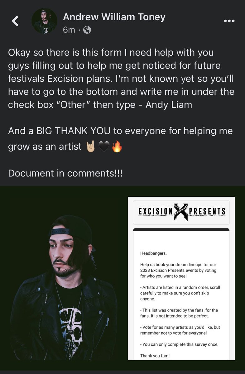 BlkstarRecs's tweet photo. Yooo please vote for @realandyliam on the new Excision Presents Dream Lineup! ππ₯π€π₯π
Document: https://t.co/iMXhQCktdr #LostLands #ExcisionPresents #Dubstep https://t.co/FoqEtea2aQ