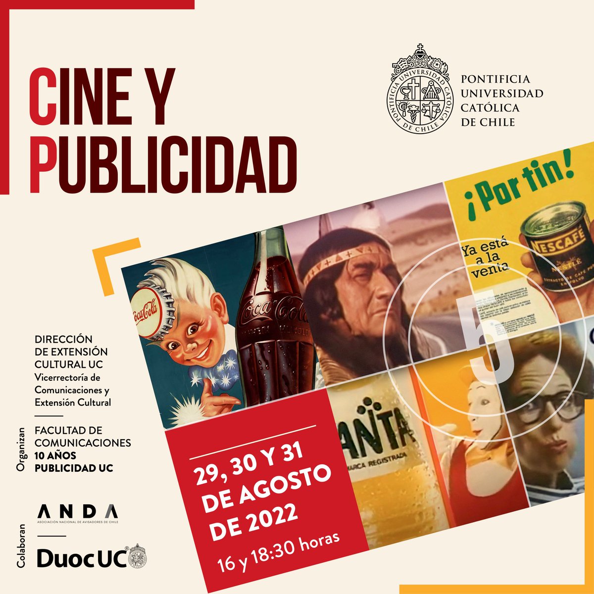 cineuc's tweet photo. [Del 29 al 31 de agosto] Les invitamos al ciclo "Cine y Publicidad", una revisión de spots publicitarios creados para la gran pantalla🍿Cada día revisaremos una época diferente, conversando con destacados directores de cine publicitario. ENTRADA LIBERADA. https://t.co/rU9teP3RKa https://t.co/x8mH3RfGOS