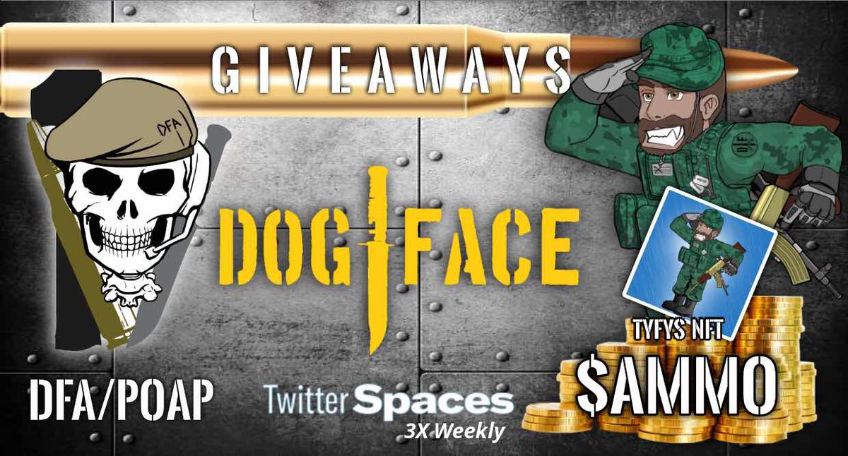 dogfaceDAO's tweet photo. Want to win a 1000 rounds of $AMMO??

1. FOLLOW 
@ATSNFT
 &amp; 
@dogfaceNFT
 &amp; Founder 
@MarkJTulloch

2. RETWEET + TAG 3

3. BE IN THE SPACES BELOW
https://t.co/tVuSQ6ySLQ https://t.co/f6hDPTAivO