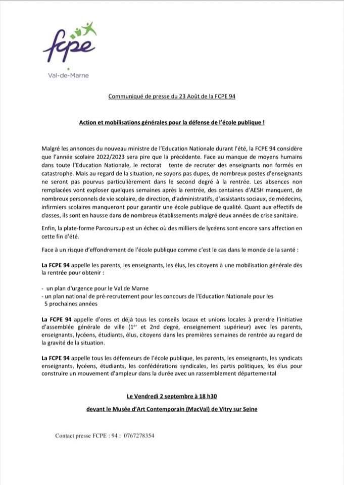 jokienzlen's tweet photo. Je serai présent à cette mobilisation organisée par la @FCPE94 sur la rentrée scolaire. Beaucoup de paroles, mais peu d’actes de la part de @PapNdiaye et du @education_gouv susceptibles de rassurer la communauté éducative, les élèves et leurs parents. https://t.co/UZAhySrzYI