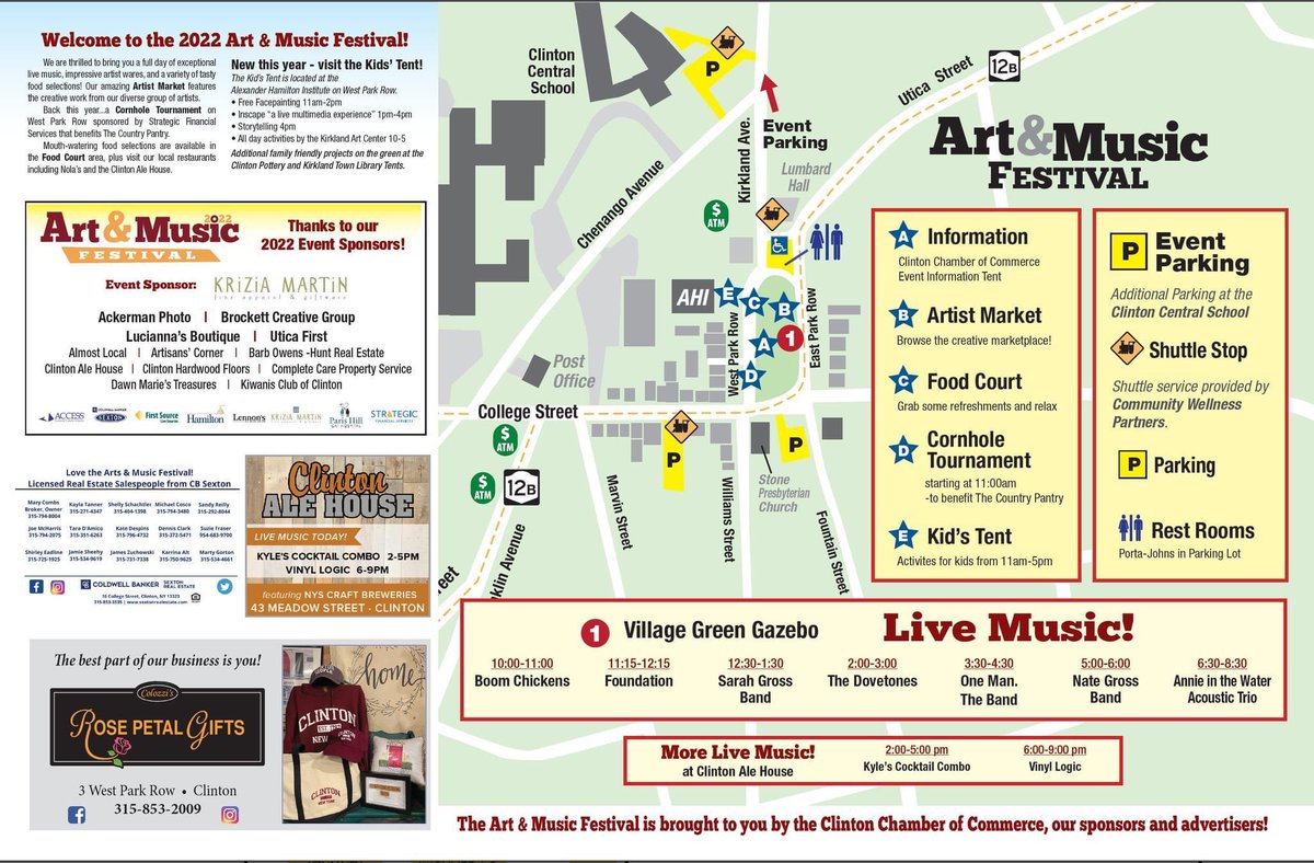 PARKING: two public lots in town as well as Clinton Central School on Chenango Avenue. Street parking, too! West Park Row will be closed to all traffic.  
SHUTTLE:12pm-4pm thanks to Community Wellness Partners.
RESTROOMS are available near Lumbard Hall. 
clintonnychamber.org/art-music-fest…