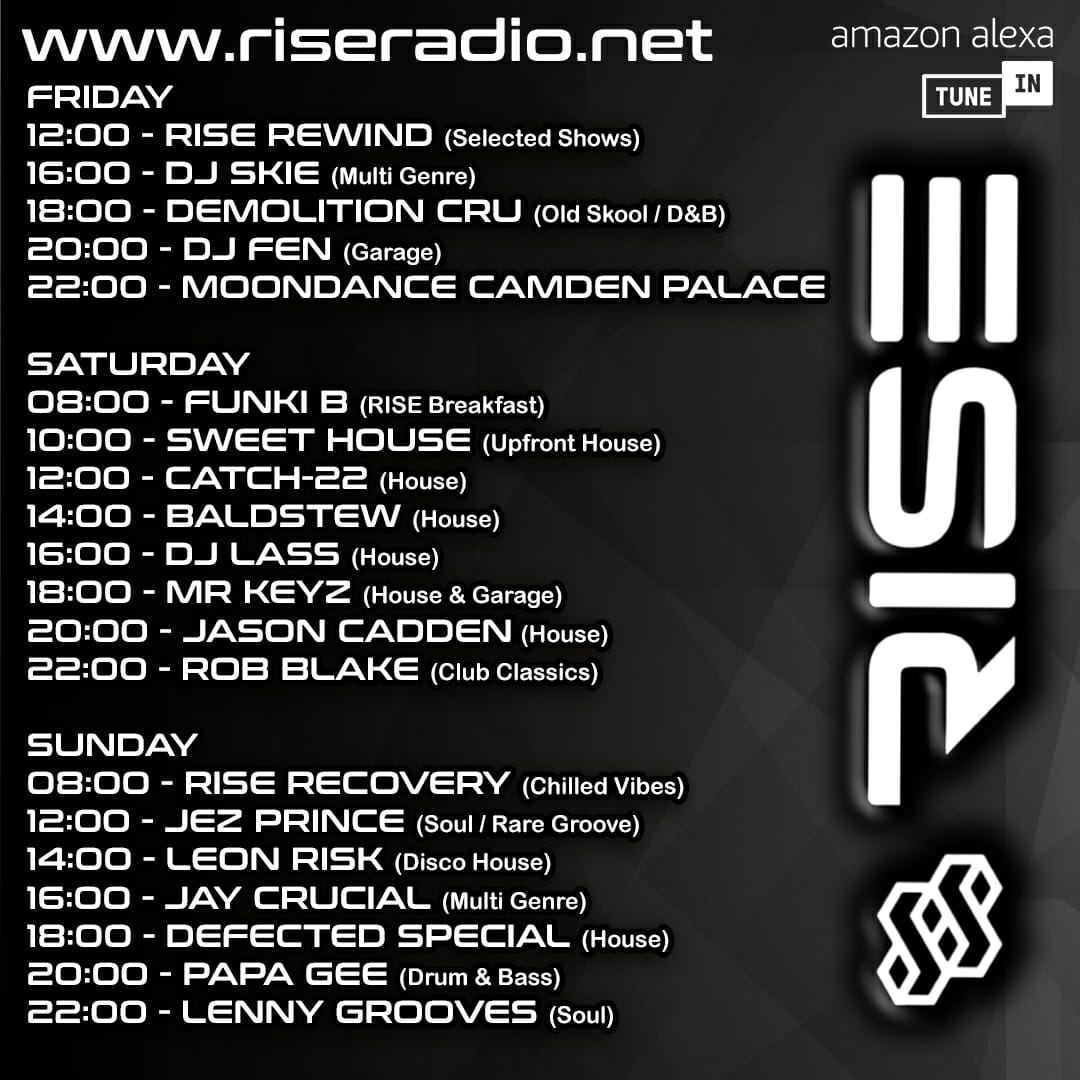 StreamingRise's tweet photo. Good Morning
Rise Radio Your Weekend Station switches on at Midday Today and is packed with some great shows over the bank holiday. Heres how we look and how you can get involved ⬇⬇⬇⬇⬇
RISE Your Weekend Radio Station energising your weekend through the power of music. https://t.co/jeysz2Gj6t