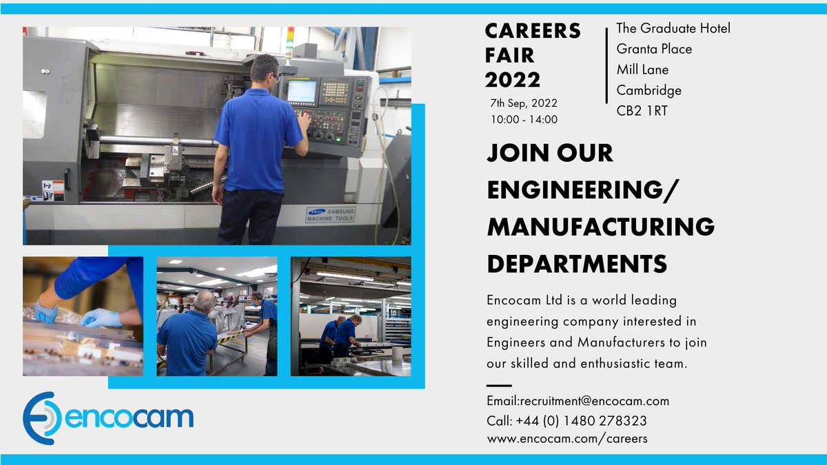 Encocam Ltd offers the perfect environment to start and excel your career in engineering or manufacturing.

Join the #Careersfair in Cambridge on September 7, 2022 to know more.

Contact us: encocam.com/careers/

#career #development #jobs #engineer #processing #growth