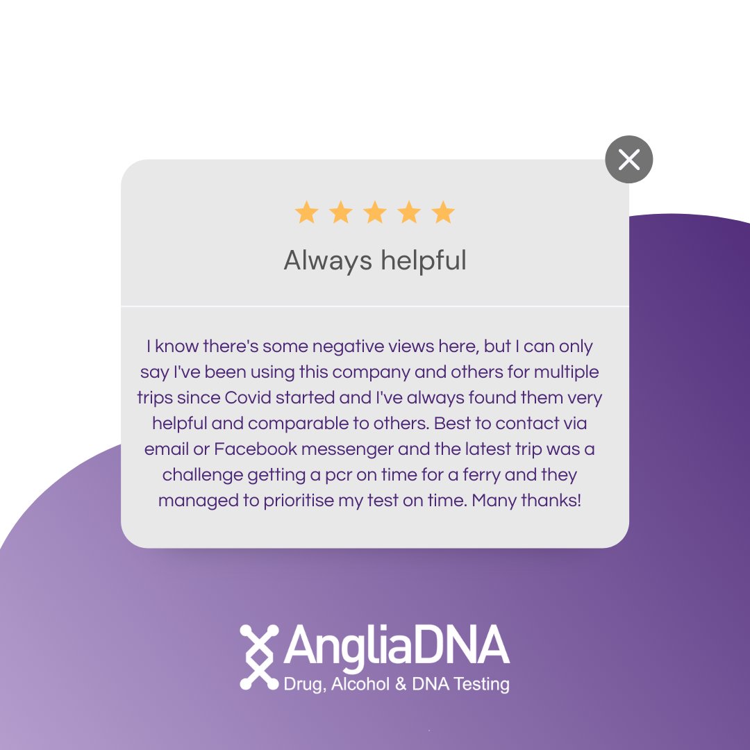 CUSTOMER REVIEW 

Thank you Colin for your great review and for choosing Anglia DNA Services for your testing needs.