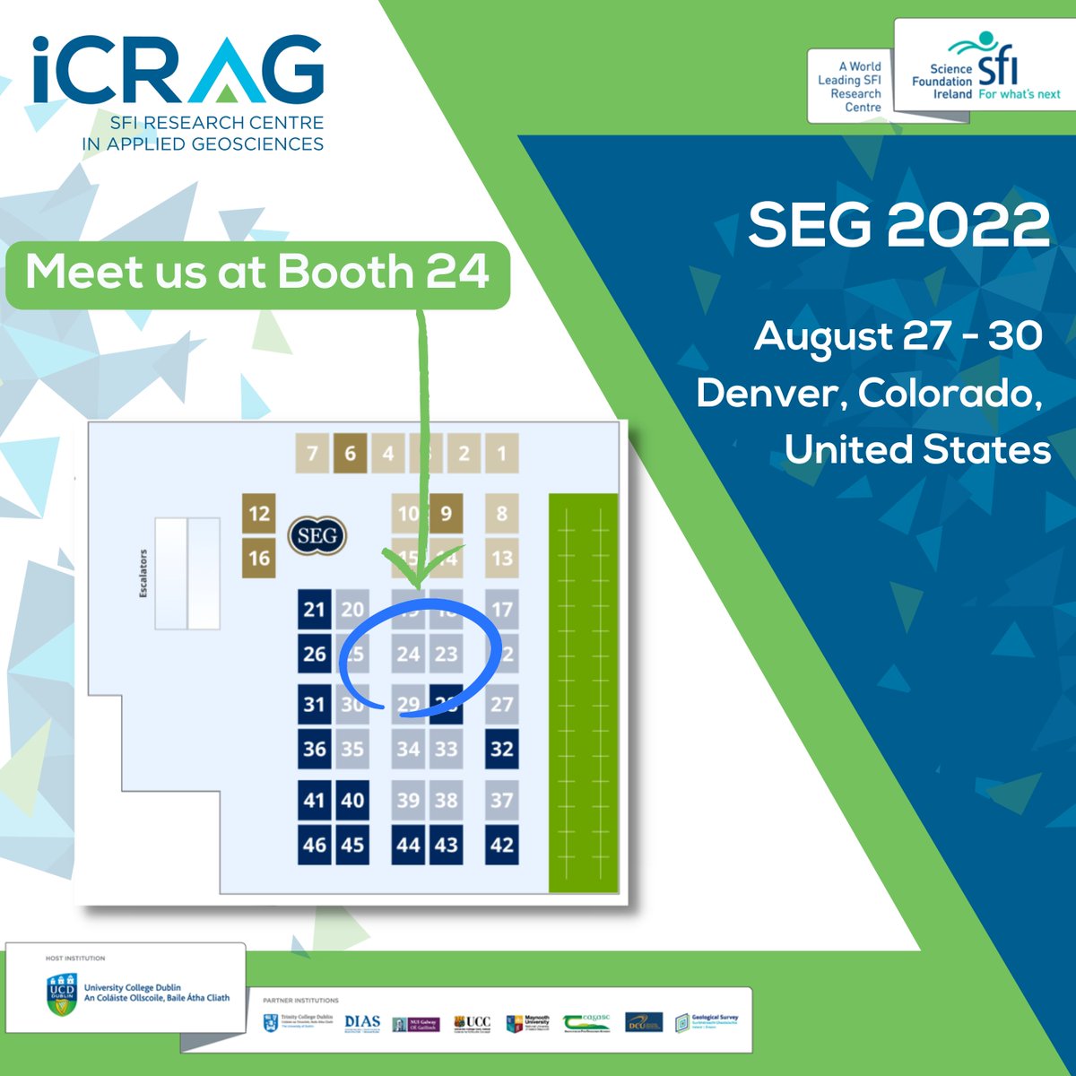 Come and visit us at booth #24 at SEG 2022 Conference in Denver from August 28th to 31st. 
Watch social media for updates on iCRAG members presenting during the conference!

#MineralsForOurFuture #Geoscience #conference2022 #SEG2022 #SEGDenver #SEGDenver2022