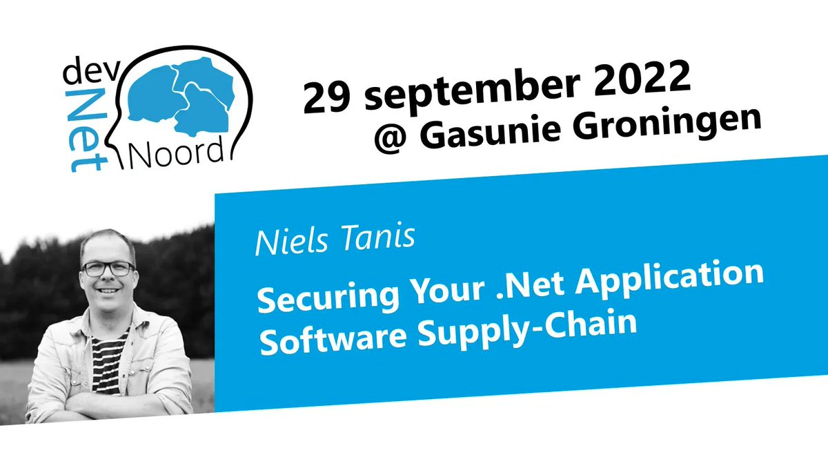 Op 29 september organiseren we weer een #DevNetNoord meetup met vier prachtige sessies, waaronder <a href="/nielstanis/">Niels Tanis</a> met zijn sessie ' #Securing your .NET application software #SupplyChain'. Check voor het hele programma en hoe je je kan aanmelden: buff.ly/3JFKMLV 
#Dotnet
