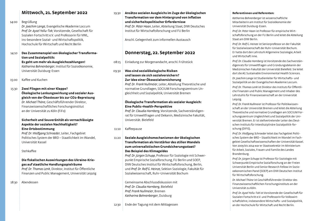 Vom 21. bis 22. September findet unsere Jahrestagung "Sozialpolitische Aspekte der ökologischen Transformation in Zeiten sicherheitspolitischer Herausforderungen" in Kooperation mit der Evangelischen Akademie Loccum statt. Anmeldung unter: loccum.de/tagungen/2258/