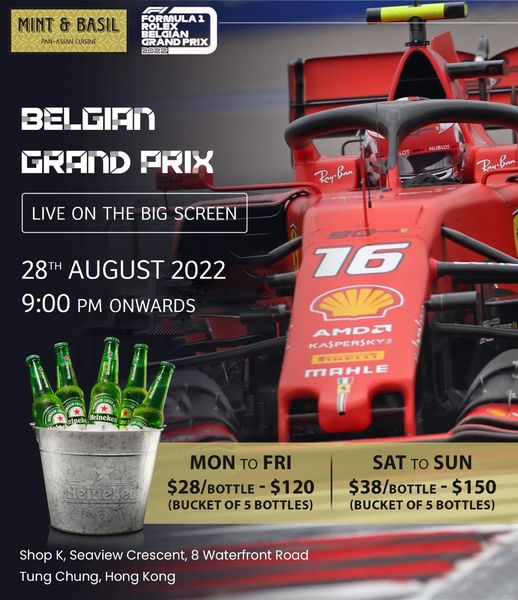 ChungMint's tweet photo. Nothing can match the feel of enjoying Belgian Grand Prix on big screen. Come at Mint &amp; Basil on 28th August to experience the different feel🙂

📋 Book a table 👉 https://t.co/MtD9SMeyCh
☎️ Call us @ +852 2762 8077

#GrandPrix #BelgianGrandPrix #racelive #MintandBasil #watchlive https://t.co/0LjPVyKbE9