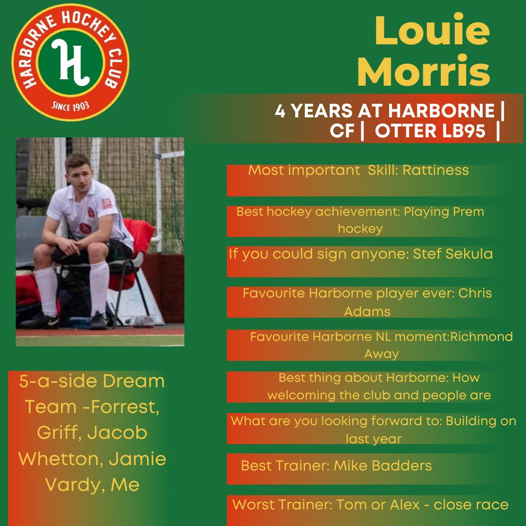 HarborneHC's tweet photo. Next up we have our new Ladies coach. He always gives 100% on the pitch regardless of whether it’s a friendly or a knock about, has a lovely way with words and enjoys scoring tap ins. It’s Ian’s son @LouieMorris11 #HHCM1 #bleedgreen @Y1Hockey https://t.co/dEEuzA1mzc
