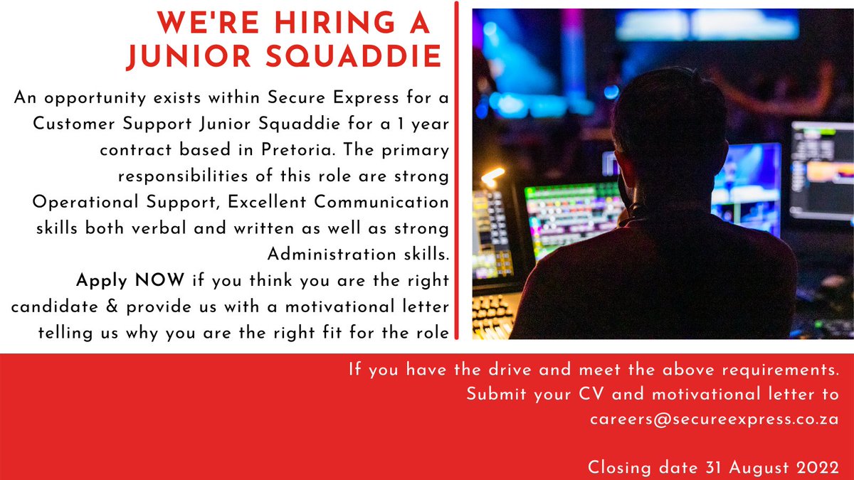 SecureExpressZA's tweet photo. We're Hiring A Junior Squaddie
An opportunity exists within Secure Express for a Customer Support Junior Squaddie for a 1 year contract based in Pretoria.
Apply NOW
https://t.co/ywMks3zpQ3
#ryde #download #register #app #secureexpress #safetyfirst #pretoria
#hiring #recruiting https://t.co/EFQ6s73cti
