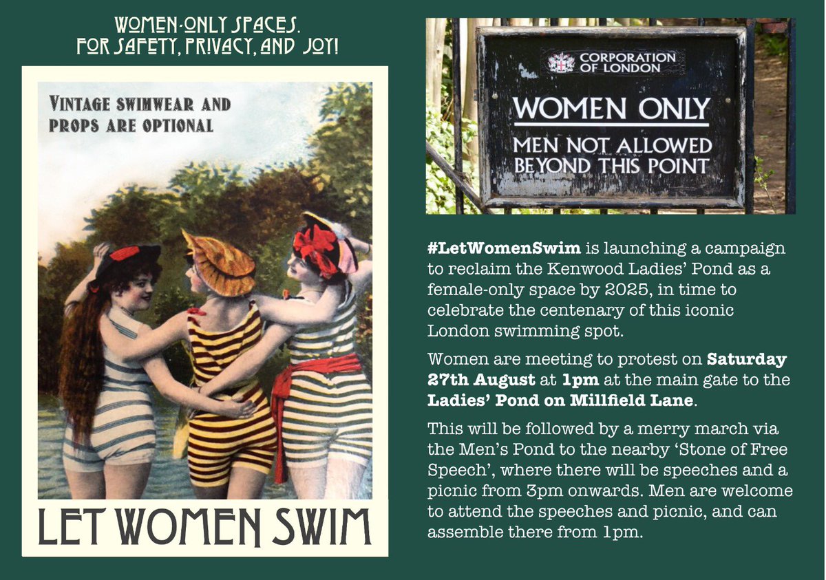 roseveniceallan's tweet photo. 1pm 🪷Women meet at the gates to the Ladies Pond.

2pm 🪷March on Hampstead Heath, via the Men’s Pond.

3pm 🪷Speeches and picnic at the Stone of Free Speech.

5pm 🪷Swimming ‘free flow’ session at the Ladies Pond.

🍀Prize for the best costume!

#LetWomenSwim https://t.co/LNfS1q2ID0